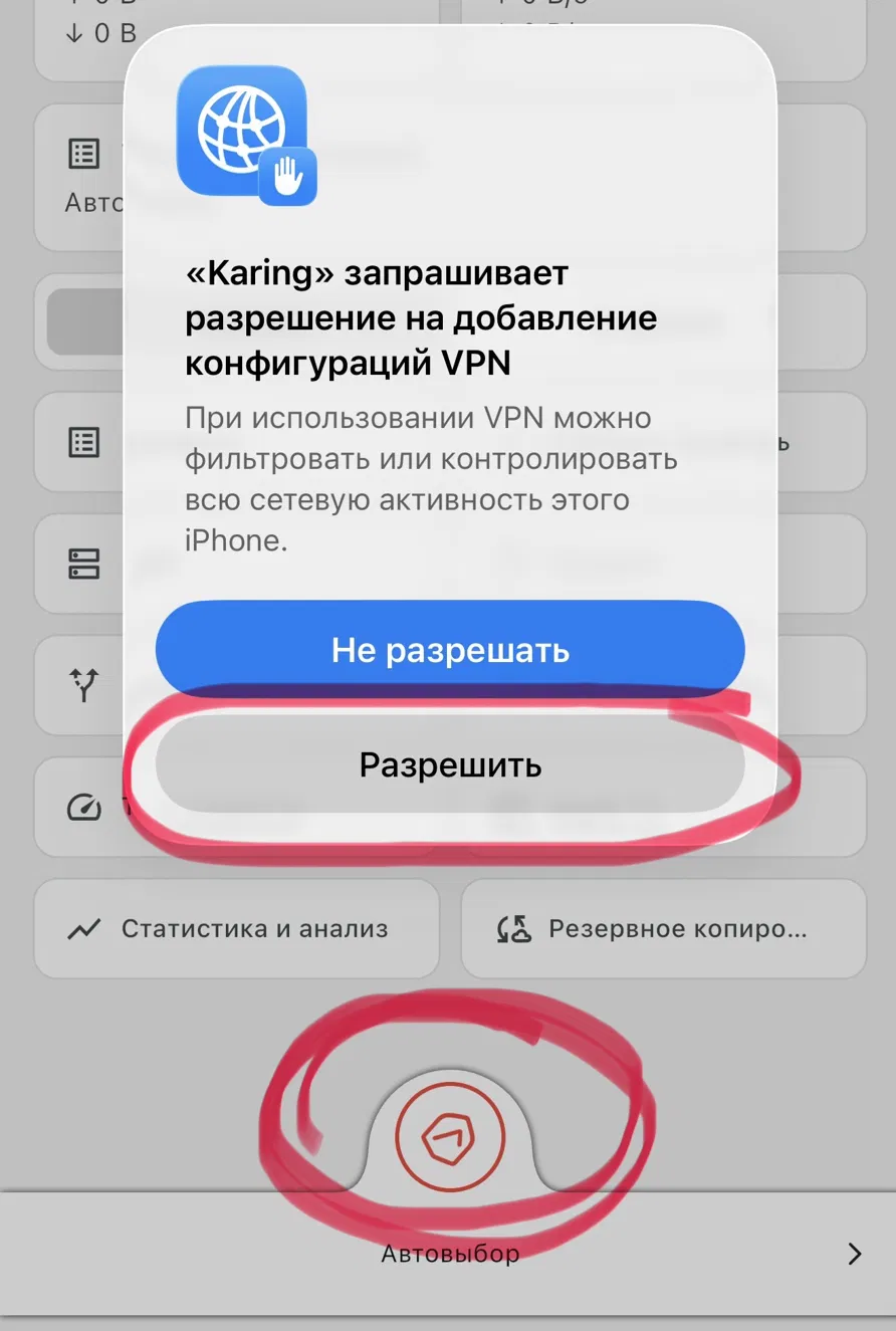 Разрешение VPN-конфигурации в Karing