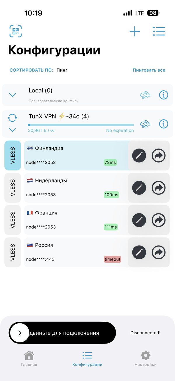 Список серверов TunX в V2Box